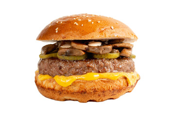 Delicious burger with mushrooms and marinated cucumbers on white isolated background. Tasty fresh unhealthy burgers with cheese and two patties. Fast food, unhealthy food concept.