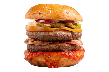 Delicious burger on white isolated background. Tasty fresh unhealthy burgers with cheese and two patties. Fast food, unhealthy food concept.