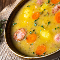 Classic pea soup with sausage and meat
