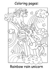 Coloring book page funny unicorns ride the rainbow