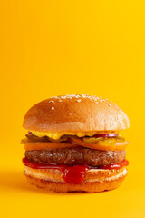 Delicious burger on a yellow background. Tasty fresh unhealthy burgers with cheese and two patties. Fast food, unhealthy food concept.