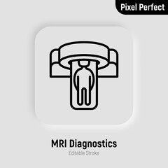 Human in MRI scanner thin line icon. Medical equipment for oncology detection. Pixel perfect, editable stroke. Vector illustration.