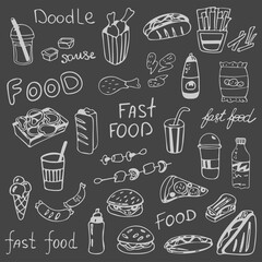 Hand drawn fast food doodle set on gray background. Fast food symbols and objects. Vector illustration