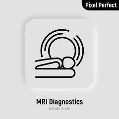 Human in MRI scanner thin line icon. Medical equipment for oncology detection. Pixel perfect, editable stroke. Vector illustration.