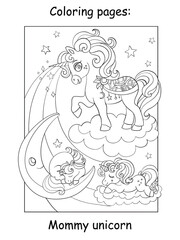 Coloring book page mommy unicorn with babies