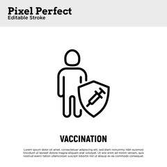 Coronavirus vaccination. Virus protection: man is protected by shield with vaccine. Immune system. Thin line icon. Pixel perfect, editable stroke. Vector illustration.