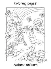 Coloring book page running unicorn in the forest