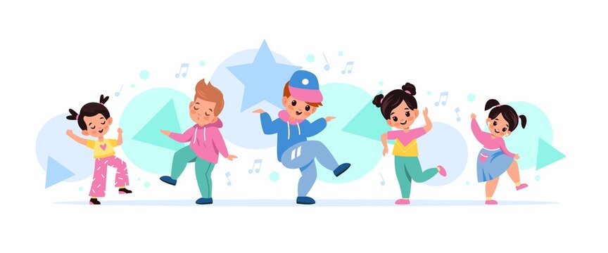 Children dancing. Happy kids move to melody together, little music fans,  cute boys and girls among notes, friendly dance battle. Dance studio and  art class vector cartoon concept Stock Vector | Adobe