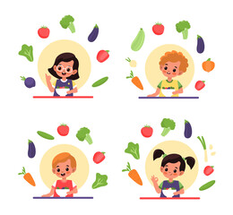 Children eat salad. Vitamin organic food and natural nutrition, kids sitting at table and eat fresh vegetables, boys and girls healthy diet. Dairy vegetarian meal vector cartoon concept