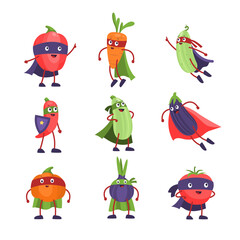 Superhero vegetables. Funny cartoon comic healthy vegetable, vegan characters with masks and capes, vegetarian winners. Healthy food mascot, diet and detox symbol vector comic isolated set