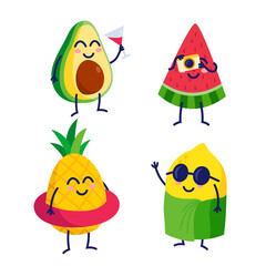 Cute funny summer fruits character set 