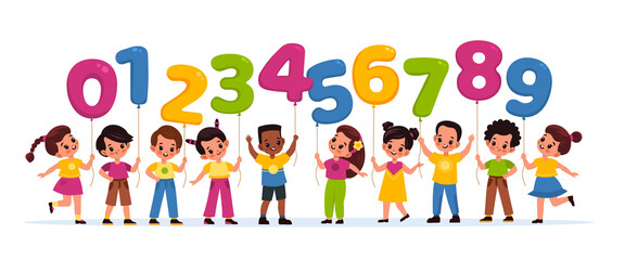 Kids with balloons numbers. Happy children hold color numerals, boys and girls and colorful numeric balloons, funny baby birthday ages, party decor vector bright flat style isolated set