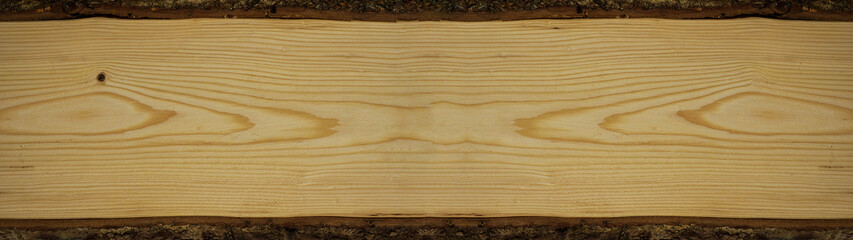 Wood timber structure background banner panorama wide - Spruce / fir wooden board template, with tree edge and bark and space for text	