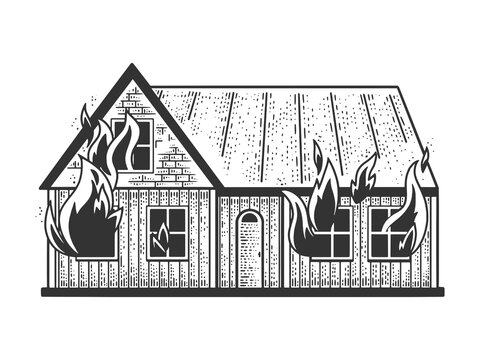 house on fire sketch engraving vector illustration. T-shirt apparel print design. Scratch board imitation. Black and white hand drawn image.