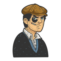 Hooligan bully man with black eye color sketch engraving vector illustration. T-shirt apparel print design. Scratch board imitation. Black and white hand drawn image.