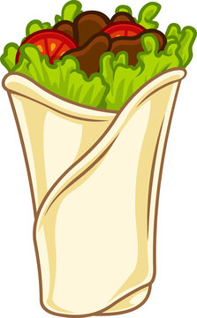 Cartoon Burrito Or Doner Kebab. Vector Hand Drawn Illustration Isolated On Transparent Background