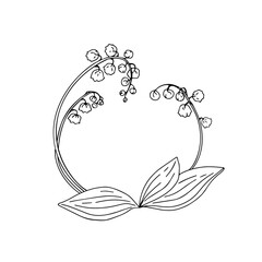 Vector illustration of a lily of the valley and a round frame on a white isolated background. The drawing will become an element for decoration, a sticker, a print on clothes.