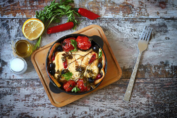 Baked feta with cherry tomatoes. Healthy food.