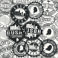 Fototapeta premium Busan, South Korea Set of Stamps. Travel Passport Stamps Pattern. Made In Product. Design Seals in Old Style Insignia Seamless. Icon Clip Art Vector Collection.