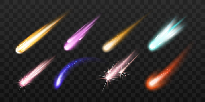 Colorful space meteors and comets, asteroids, shooting stars with light sparkles