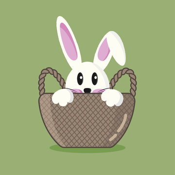 Easter holiday greeting card with cute bunny sitting in a basket	
