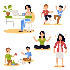 Set of scenes with mom freelancer working home, and playing children.