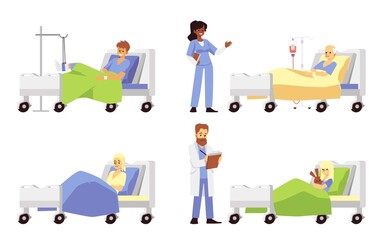 Patients in hospital medical beds with various disease and injury