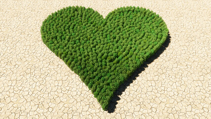 Concept or conceptual group of green forest tree on dry ground background as sign of heart. A 3d illustration metaphor for love, romance, valentine's day, happiness, wedding, health or care