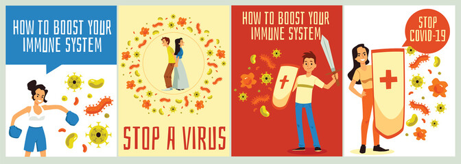 Set posters with people rejecting viral infection, vector illustration.