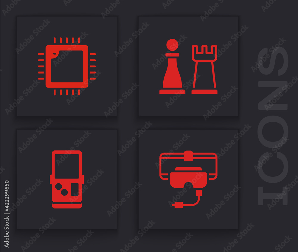 Poster set virtual reality glasses, processor with cpu, chess and tetris icon. vector