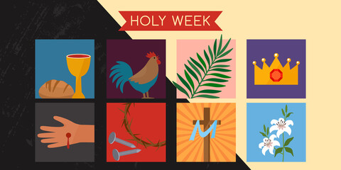 Fototapeta na wymiar Holy week banner with a rooster, communion, palm branches, a wreath of thorns, the cross of Jesus Christ and a lily.
