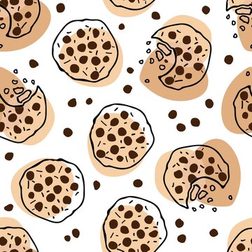 Cookies seamless pattern. Simple cute cookie flat vector backdrop. Hand drawn sketch with broun color. For cafe, menu, wall art. Sweet dessert. Freshly baked chocolate cookie icon. Food pattern