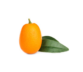 Fresh ripe kumquat with leaves isolated on white. Exotic fruit