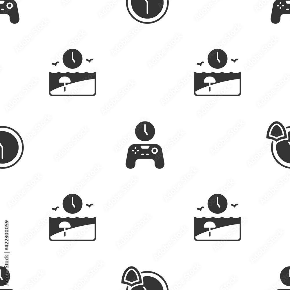 Poster set clock with shield, gamepad of time and vacation on seamless pattern. vector