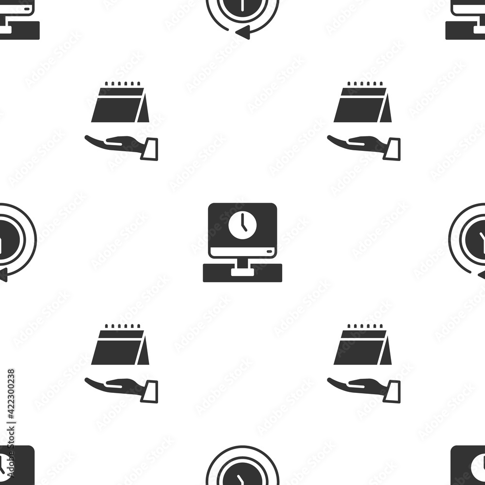 Poster set clock with arrow, monitor time and calendar on seamless pattern. vector