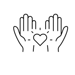 Charity or donation line icon in black. Shining heart in the hands. Donate concept. Isolated symbol, for illustration, minimal, logo, mobile, app, emblem, design, web, site, ui, ux. Vector EPS 10