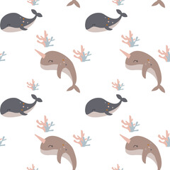 Boho sea whales, narwhals seamless pattern for scrapbooking, fabric, decoration