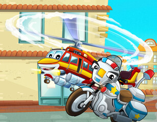 Obraz na płótnie Canvas cartoon scene with helicopter flying in the city