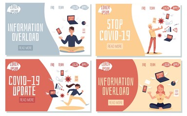 Set of banners on information overload and Covid-19, flat vector illustration.