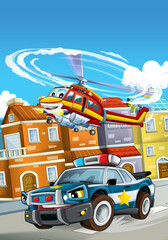 cartoon scene with helicopter flying in the city