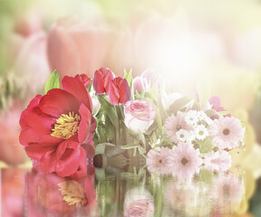 Flowers and nature spring bokeh background reflection in water