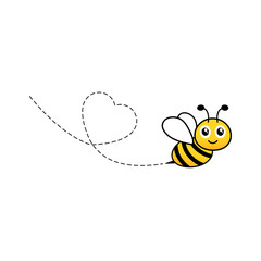 Cartoon bee icon. Heart dotted lines path. Happy lovely bee character. Vector illustration isolated on white background.