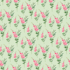 seamless background with delicate pink flowers on a light green background. hand painted watercolor for decor and design