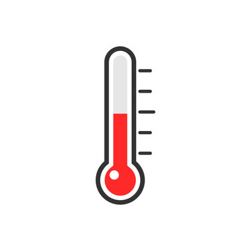 Thermometer icon. Measurement instrument. Weather thermometer with red mercury. Medical device. Vector illustration isolated on white.