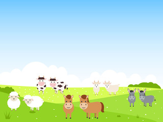 Obraz na płótnie Canvas Cute farm animals on summer landscape background. Bull, cow, donkey, horse, sheep and goat characters in flat style. Vector kids illustration.