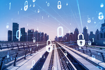 The way towards skyscrapers by modern futuristic train. Tech railway delivers commuters to the...