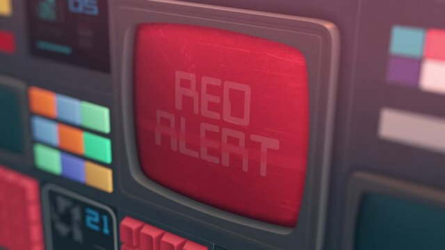 vintage science fiction computer, spaceship control room, blinking red alert message on screen, close-up (3d render)