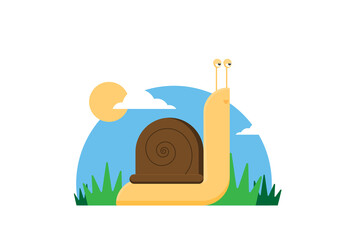 Flat vector cartoon snail with tree and sky