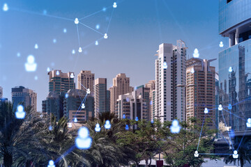 Obraz premium Panoramic view skyscrapers. Modern cityscape of the capital of the Emirate of Dubai. Recruitment and social relation concept. Double exposure.