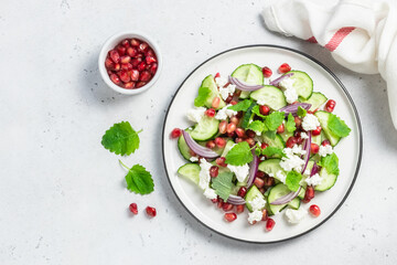 Low calorie raw pomegranate cucumber salsa, red onion mint vinegar gressing. Space for text, top view.